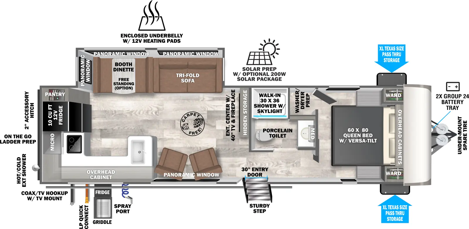 The Hemisphere Travel Trailers 27RKHL has one entry and one slide out. Exterior features include: fiberglass exterior and outside kitchen. Interiors features include: rear kitchen, free-standing dinette option and front bedroom.